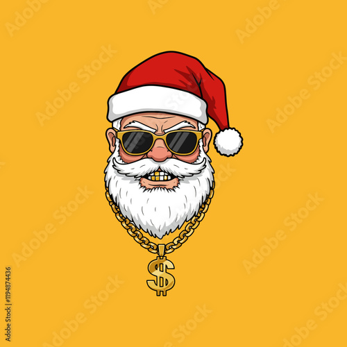 A stylized illustration of Santa Claus depicted as a gangster wearing sunglasses and a gold dollar sign necklace.