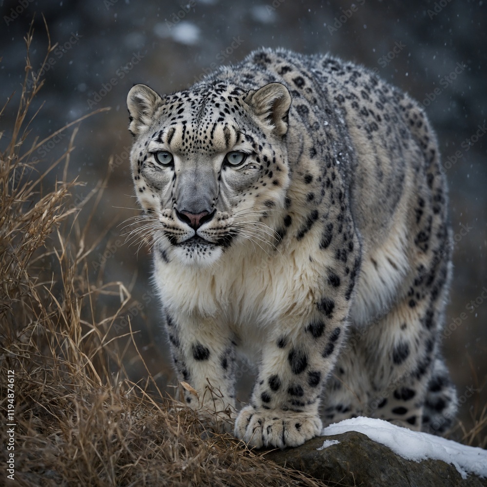 Obraz premium A snow leopard stalking silently, its intense gaze focused.