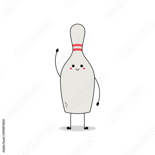 Cute bowling pin cartoon character waving hand hi doodle