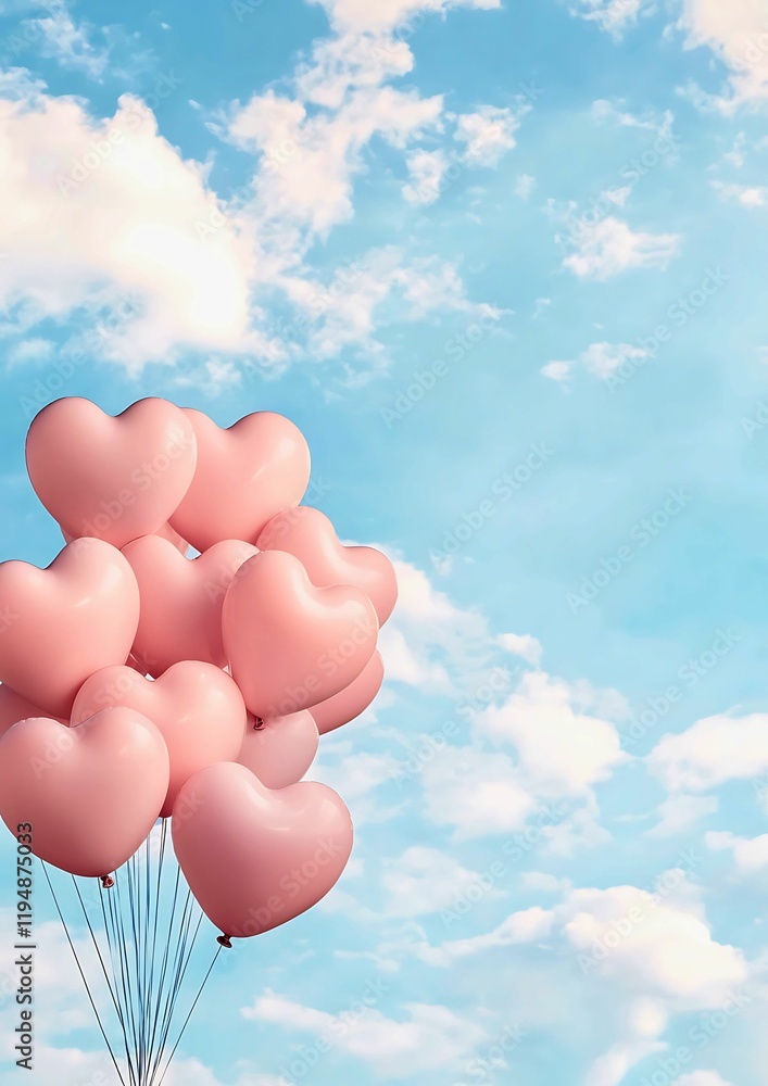 Pink heart-shaped balloons floating in a blue sky. Pink heart-shaped balloons floating in a blue sky.