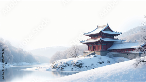 Wallpaper Mural Snow-covered traditional building beside a tranquil river in winter landscape Torontodigital.ca