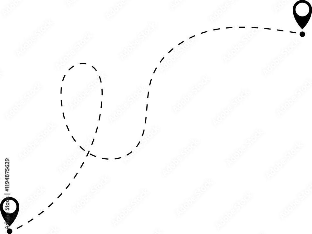 Route icon - two points with dotted path and location pin. Route location icon two pin sign and dotted line. Travel vector icon. Travel from start point and dotted line tracing. Route icon - two points with dotted path and location pin. Route location icon two pin sign and dotted line. Travel vector icon. Travel from start point and dotted line tracing.