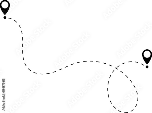 Route icon - two points with dotted path and location pin. Route location icon two pin sign and dotted line. Travel vector icon. Travel from start point and dotted line tracing.