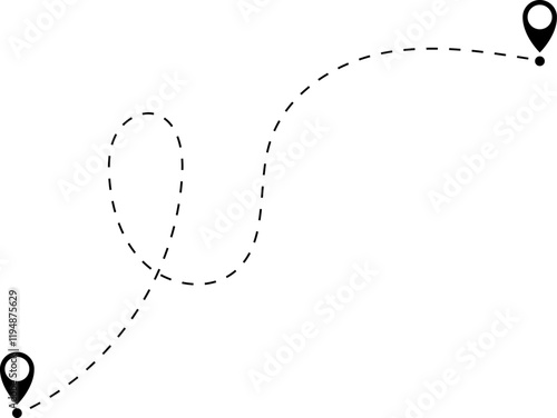 Route icon - two points with dotted path and location pin. Route location icon two pin sign and dotted line. Travel vector icon. Travel from start point and dotted line tracing.