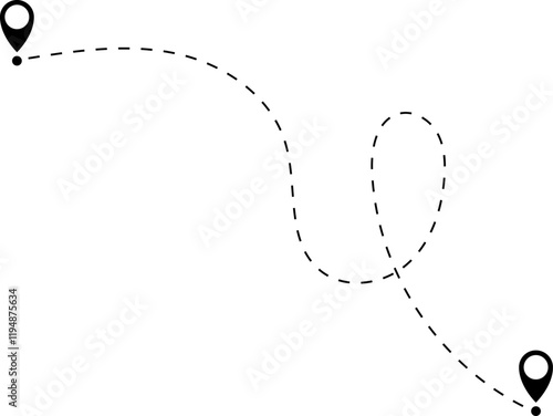 Route icon - two points with dotted path and location pin. Route location icon two pin sign and dotted line. Travel vector icon. Travel from start point and dotted line tracing.