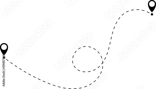 Route icon - two points with dotted path and location pin. Route location icon two pin sign and dotted line. Travel vector icon. Travel from start point and dotted line tracing.