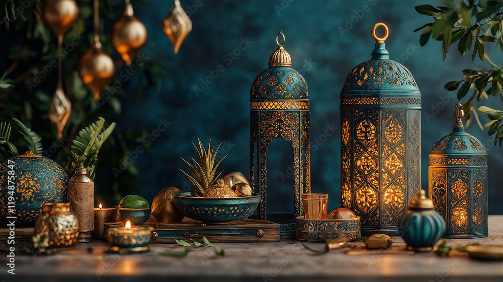 Unique Ramadan-Themed Composition with Vibrant Green, Golden, and Blue Custom Elements Unique Ramadan-Themed Composition with Vibrant Green, Golden, and Blue Custom Elements