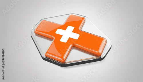  Modern orange medical cross icon with white plus sign, representing healthcare, medical assistance, and emergency support services. photo