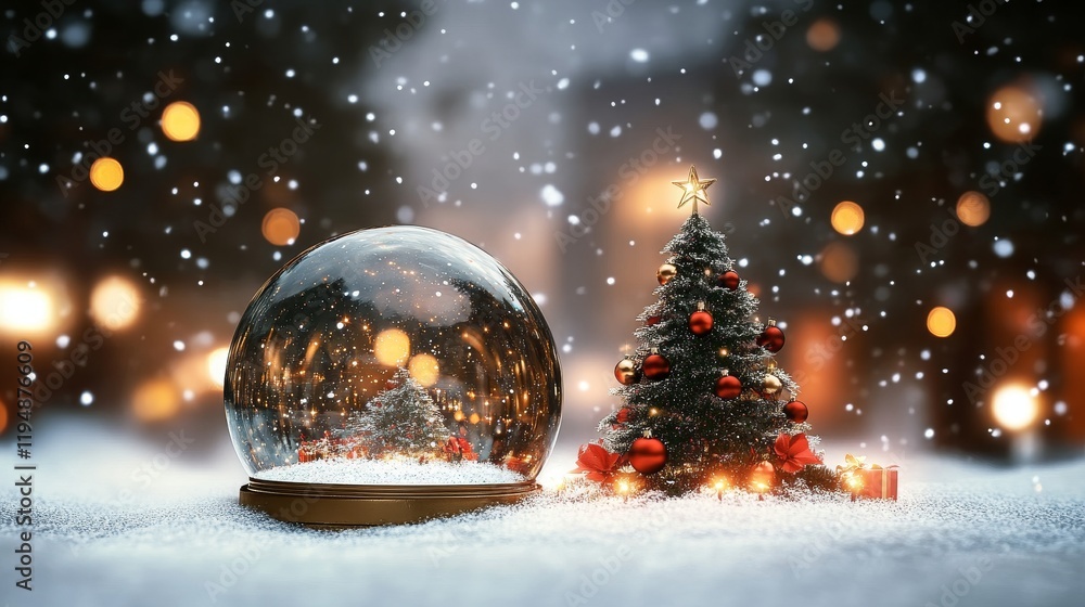 Snow globe with miniature Christmas tree, festive winter wonderland scene with sparkling lights. Snow globe with miniature Christmas tree, festive winter wonderland scene with sparkling lights.