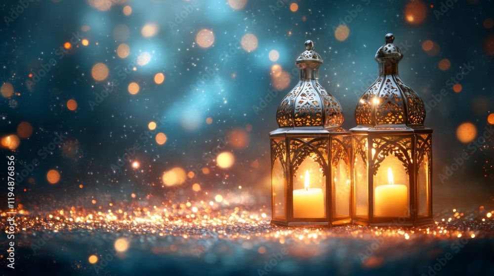 Illuminated Metal Lanterns Resting On Sparkling Surface Illuminated Metal Lanterns Resting On Sparkling Surface