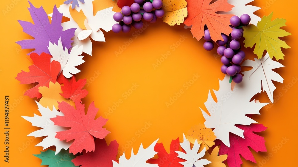 Autumn leaves and grapes circle frame, vibrant fall colors, background for display Autumn leaves and grapes circle frame, vibrant fall colors, background for display