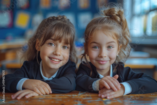 Two girls, around five years old, smile brightly while sitting at a desk in their classroom, sharing a moment of joy and friendship during school hours. photo