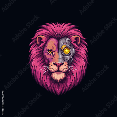 A stylized illustration of a lions head with one robotic eye and a vibrant pink mane set against a dark background.