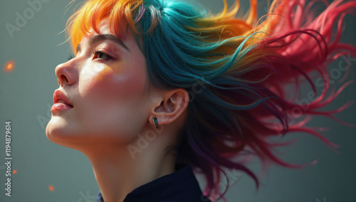 Vibrant woman with colorful hair in motion showcasing artistic expression in an urban setting