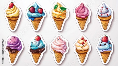 Various colorful ice cream cones.