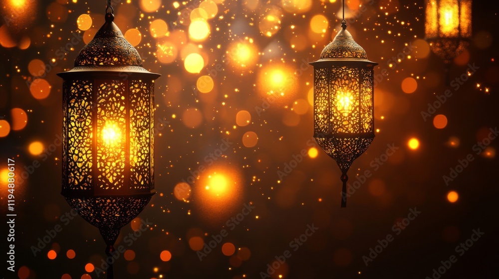 Illuminated Ornate Lanterns Hanging Against Sparkling Background Illuminated Ornate Lanterns Hanging Against Sparkling Background