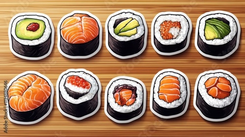 Assorted sushi rolls on a wooden board