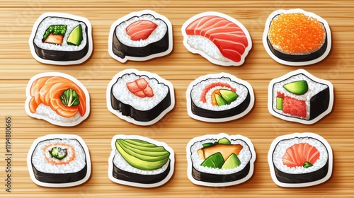A variety of sushi rolls displayed.