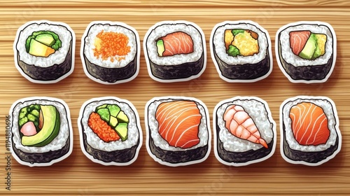 Variety of sushi rolls displayed.