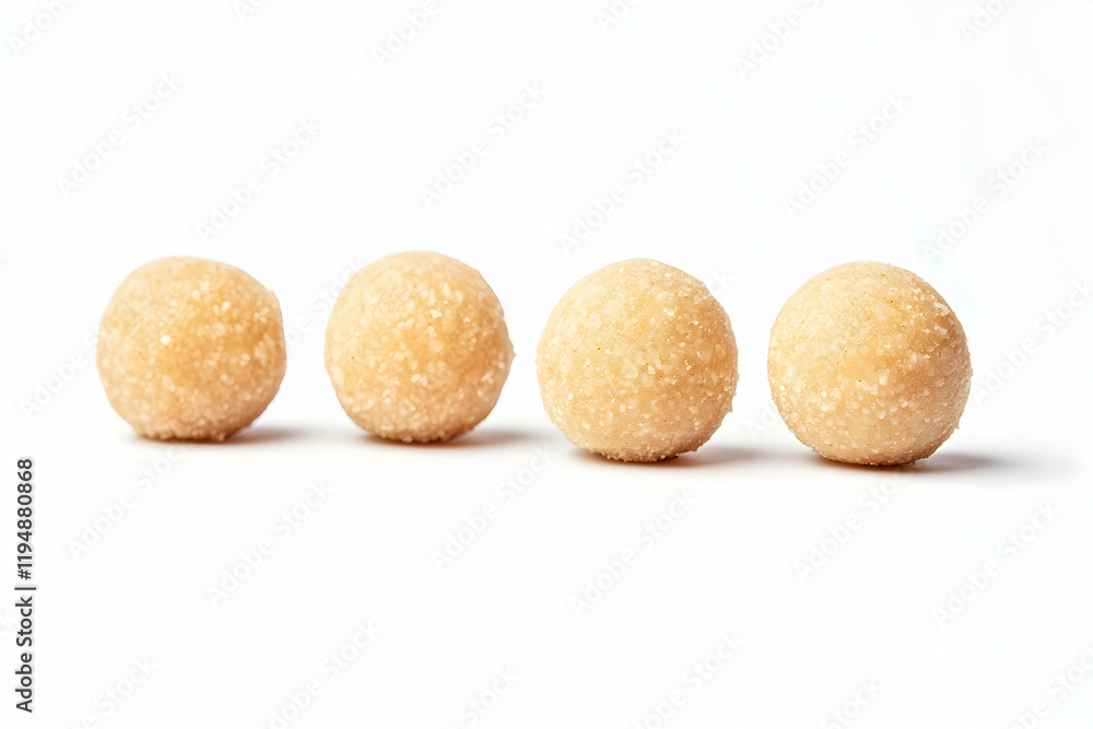 Four light brown peanut butter balls on a white background, ideal for showcasing desserts or snacks Four light brown peanut butter balls on a white background, ideal for showcasing desserts or snacks