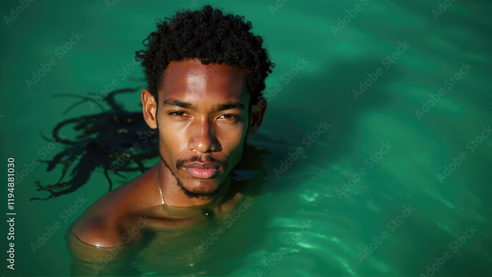 Man with long hair relaxes in tranquil turquoise water on a sunny day, radiating calmness and serenity Man with long hair relaxes in tranquil turquoise water on a sunny day, radiating calmness and serenity