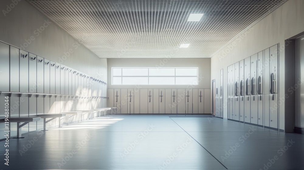 Obraz premium architectural visualization of a fitness center locker room, featuring modern design, spacious layout, and minimalist details