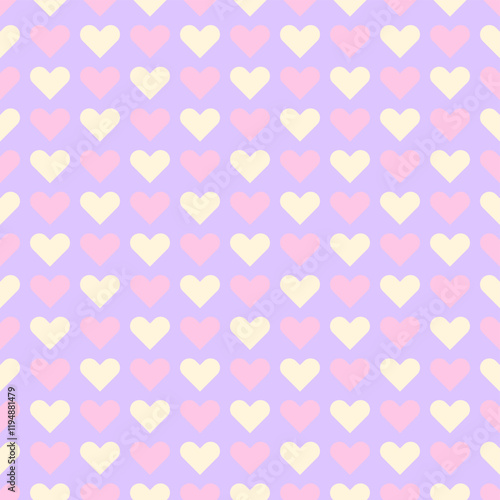 Cute seamless pattern with little hearts in purple, pink, and yellow shades. Beautiful background in pastel tones for girly designs, stationary, love-themed projects, scrapbooking, textiles, etc.