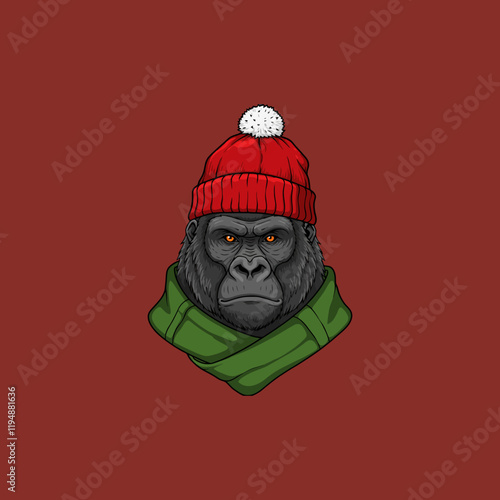 A stylized illustration of a gorilla wearing a red knit hat with a pompom and a green scarf against a maroon background. photo