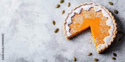 Pumpkin pie with a slice removed, dusted with powdered sugar, surrounded by pumpkin seeds on a gray concrete background with ample copy space. photo