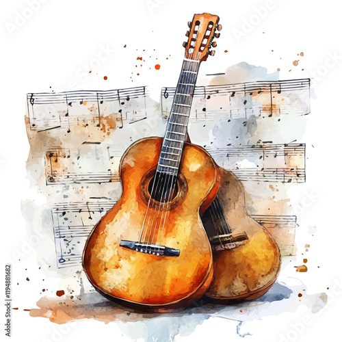 A watercolor illustration of Guitar Music, isolated on a white background. Guitar Music vector.
