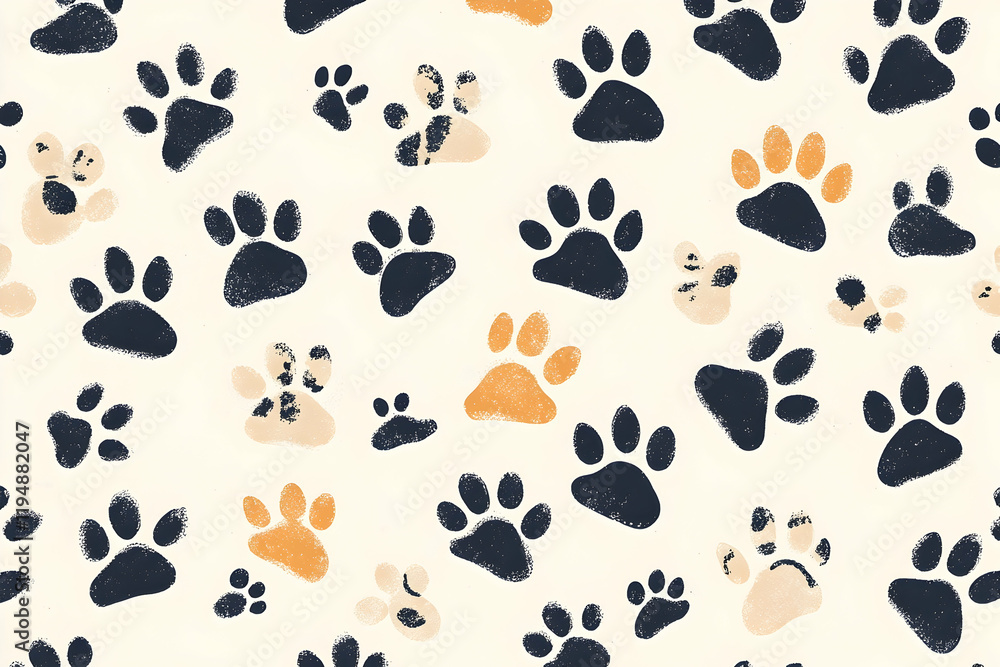 Seamless Doodle Paw Print Pattern with Black Outline Designs for Playful Themes- Seamless Doodle Paw Print Pattern with Black Outline Designs for Playful Themes-