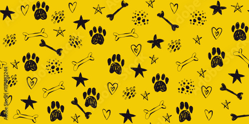 Grunge Paws with Texture in Seamless Pattern. Hand drawn pencil animal paws with bones and hearts. Love symbols in black color. 