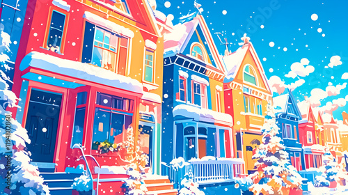 雪が積もったカラフルな街並みのイラスト風景