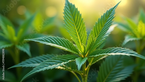 Lush Cannabis Plants Basking in Golden Sunlight: A Close-Up View of Vibrant Green Foliage photo