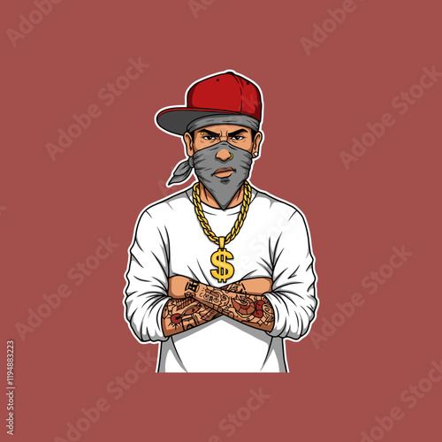 A stylized illustration of a gangster character featuring a red cap, gold dollar sign necklace, and tattoos.