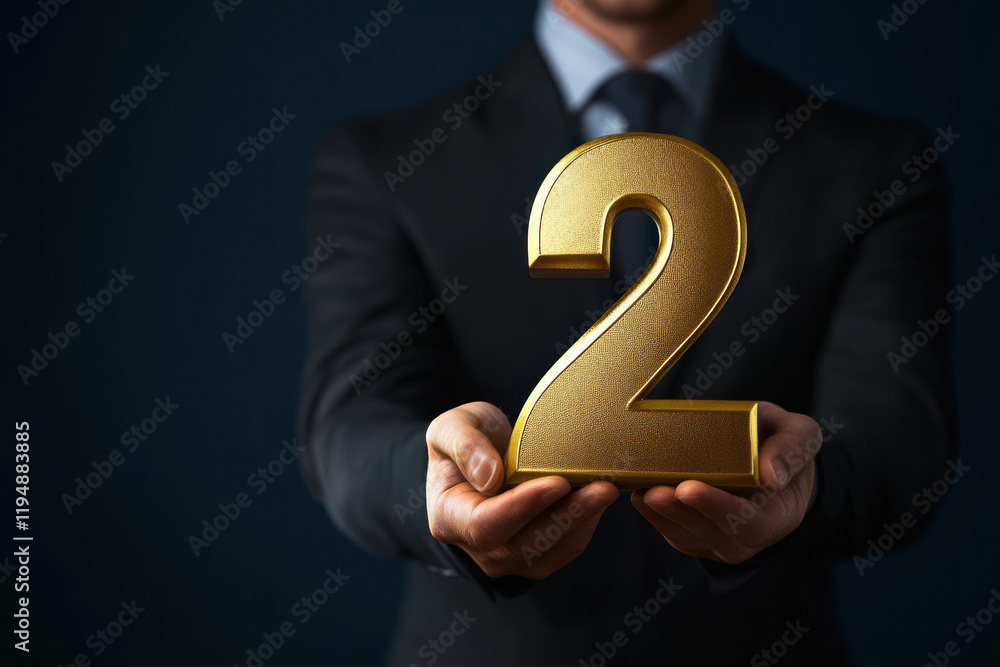 Man in suit holding gold number 2, smiling confidently. A celebratory gesture against a blurred cityscape background. Man in suit holding gold number 2, smiling confidently. A celebratory gesture against a blurred cityscape background.