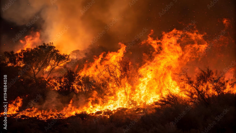 A fierce wildfire consuming trees and vegetation with intense flames and heavy smoke against a dark night background, concept of destruction A fierce wildfire consuming trees and vegetation with intense flames and heavy smoke against a dark night background, concept of destruction