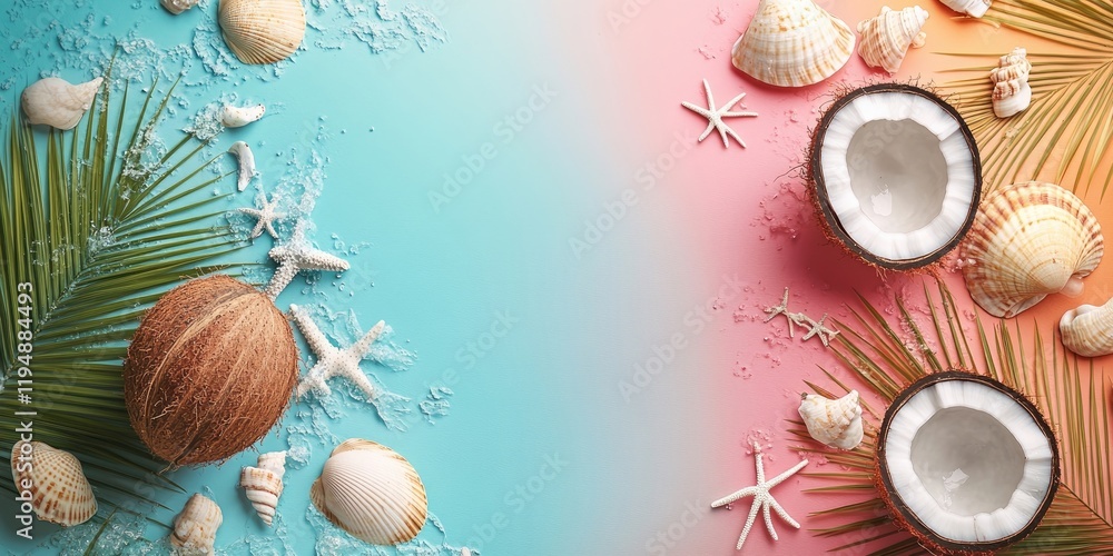 Obraz premium Vibrant summer banner with coconuts and seashells on a gradient blue to pink background featuring palm leaves and starfish for a vacation theme