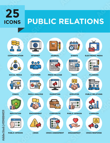 Public Relations icon collection set. Containing design business, public relations, management, corporate	