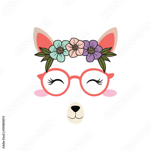 Cute Llama Face vector illustration, Llama Face Floral Crown Clipart Design