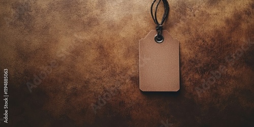 Empty brown security tag hanging against a textured brown backdrop with ample space on the right for text or design arrangements. photo