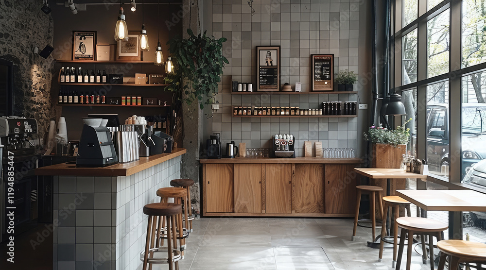 A cafe, clean and modern, bright daylight and Bar with tiles, stone, quite Color scheme, dark wooden Floor. A cafe, clean and modern, bright daylight and Bar with tiles, stone, quite Color scheme, dark wooden Floor.