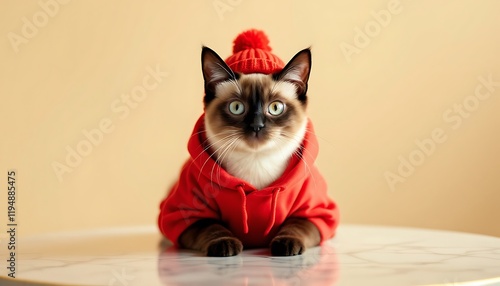 Adorable Siamese Kitten Red Hoodie Winter Outfit Cute Pet Fashion photo