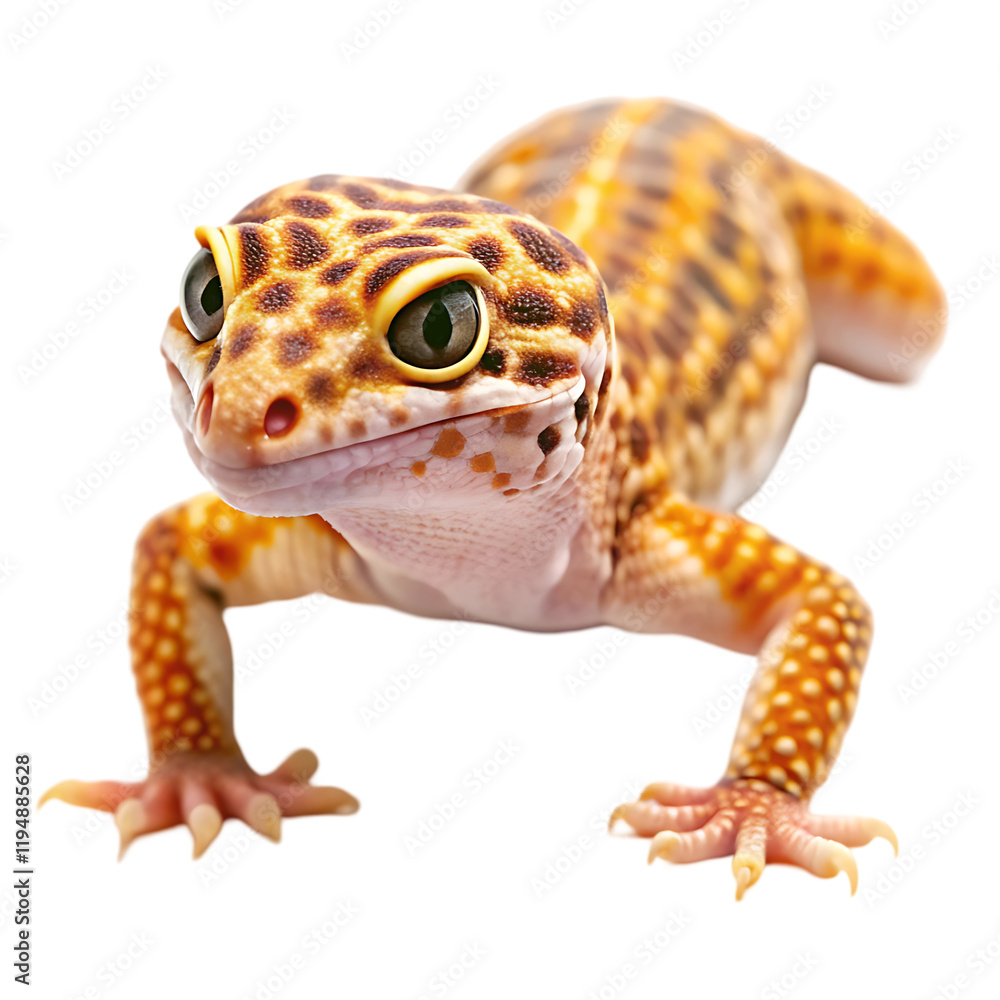 Naklejka premium Adorable Leopard Gecko Reptile Closeup Studio Shot pet cute eyes skin legs toes tail dark 
