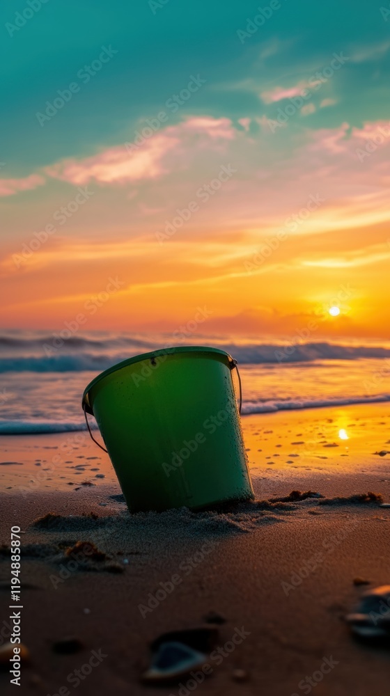 A green pail sitting on the beach during sunset, Beach Clean, Cleanup Drive, Beach Pollution A green pail sitting on the beach during sunset, Beach Clean, Cleanup Drive, Beach Pollution