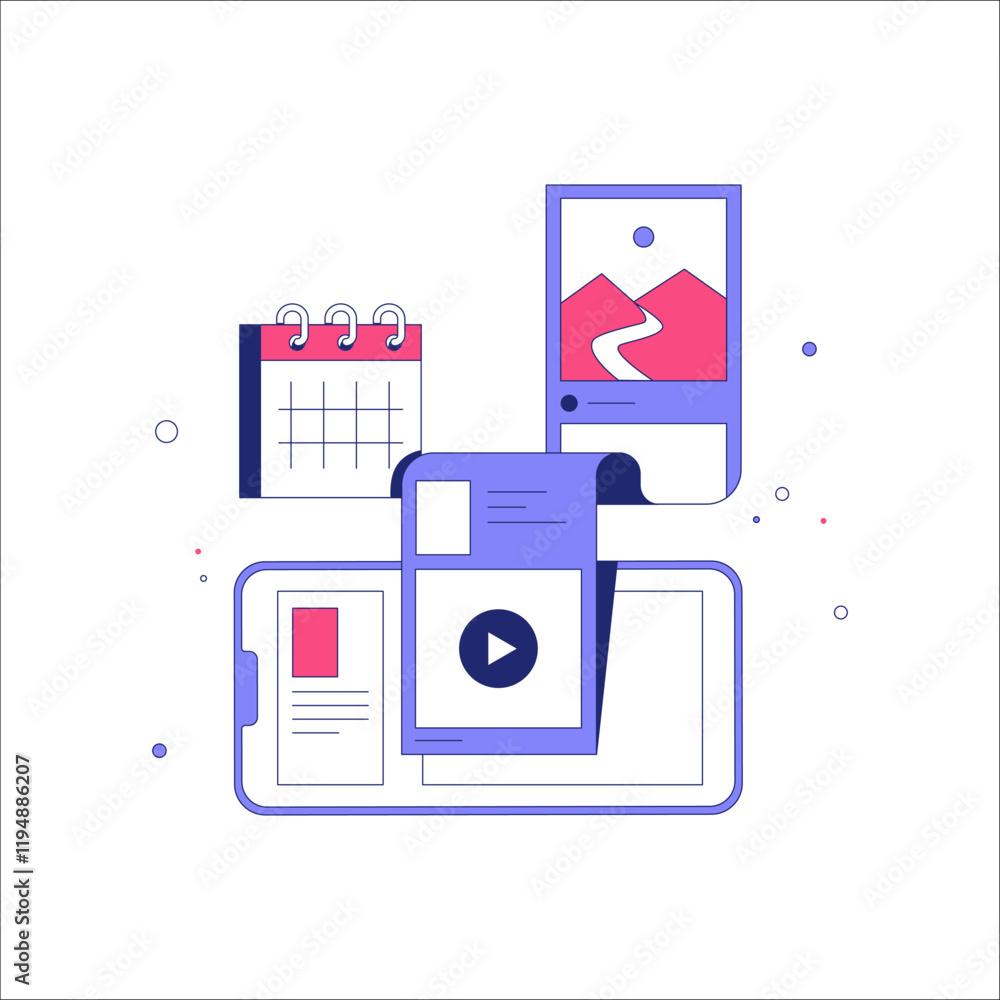 Mobile Screen With Calendar, Media Files, And Documents In Flat Vector Illustration Symbolizing Digital Organization, Planning, And Content Management, Isolated On White Background Mobile Screen With Calendar, Media Files, And Documents In Flat Vector Illustration Symbolizing Digital Organization, Planning, And Content Management, Isolated On White Background
