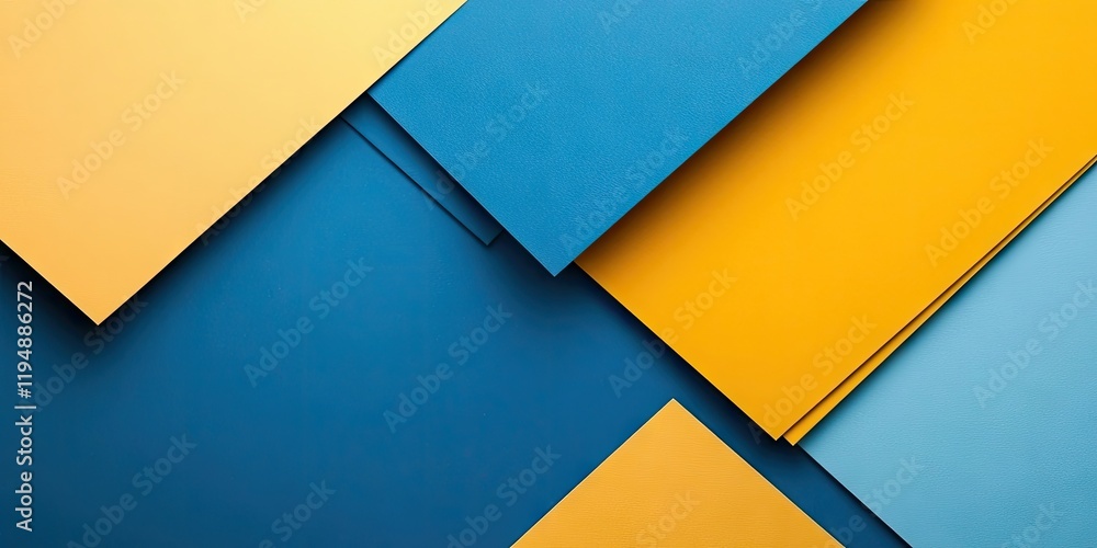 Flat lay composition of blue and yellow geometric paper shapes arranged diagonally with vibrant tones for a modern banner background design Flat lay composition of blue and yellow geometric paper shapes arranged diagonally with vibrant tones for a modern banner background design
