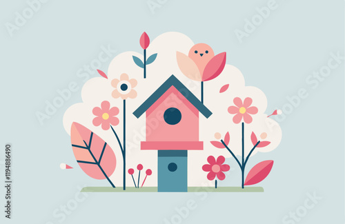 Abstract minimalist floral illustration with birdhouse design
