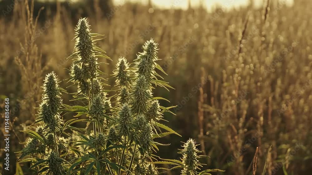 Hemp plants grow under golden sunlight in a rural field during late afternoon hours Hemp plants grow under golden sunlight in a rural field during late afternoon hours