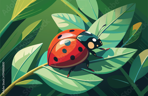 Vibrant ladybug resting on leaf in minimalist nature design